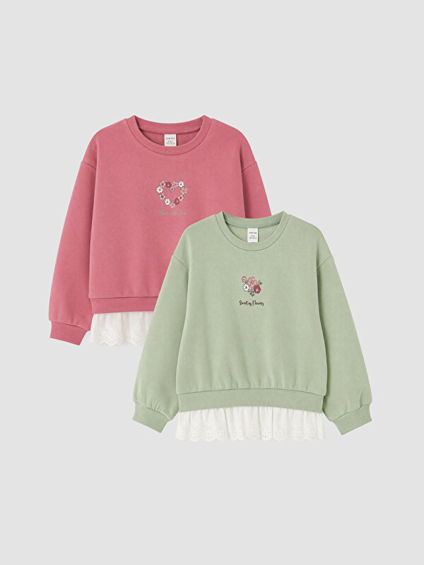 LCW Kids Baskılı Fırfırlı Kız Çocuk Sweatshirt 2'li