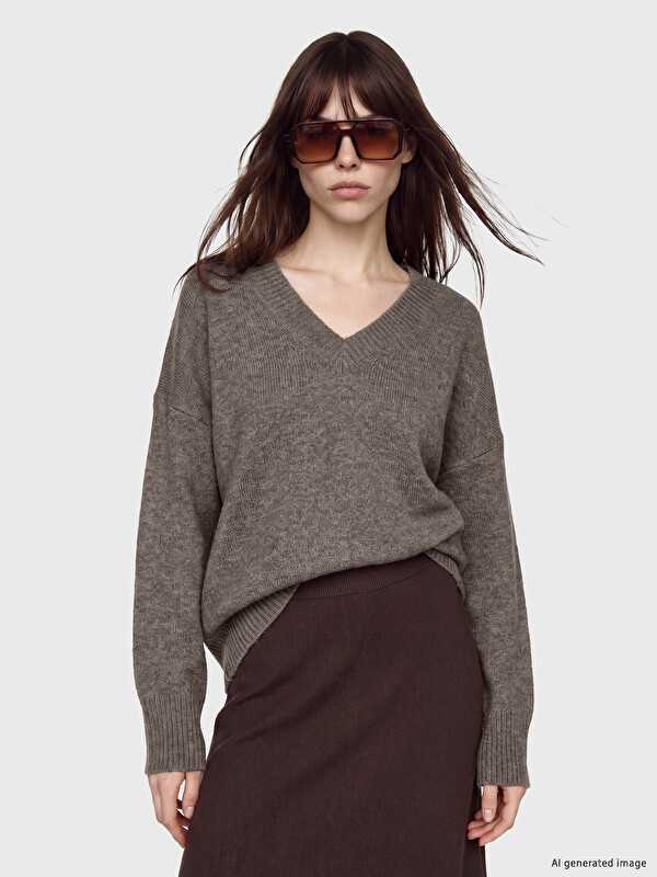 LCW Vision V Yaka Oversize Kadın Triko Kazak