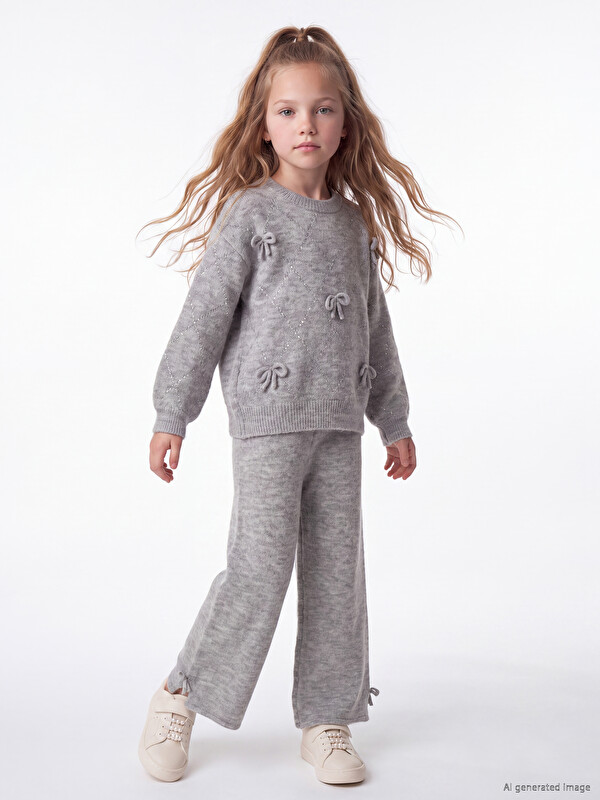 LCW Kids Bow Detailed Girls' Knitwear Set