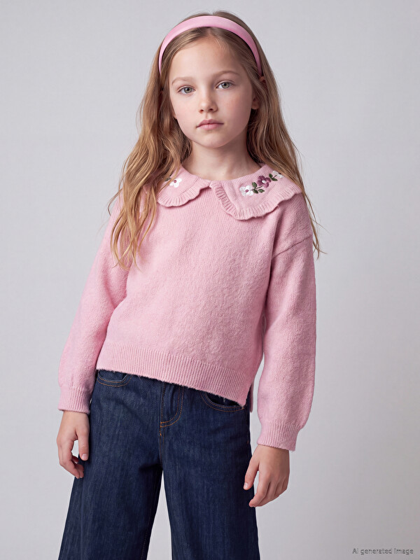 LCW Kids Peter Pan Collar Floral Girls' Knitwear Sweater