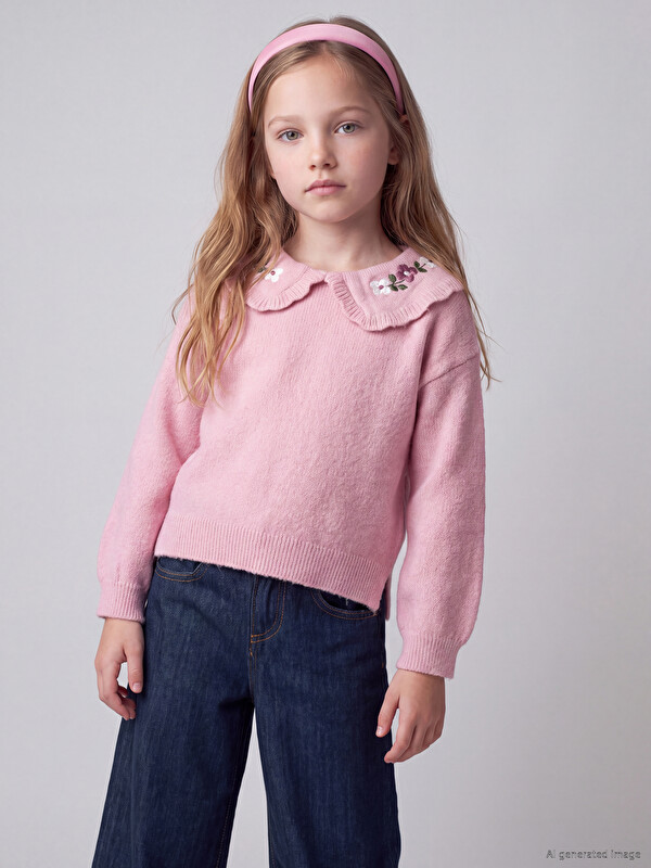 LCW Kids Peter Pan Collar Floral Girls' Knitwear Sweater