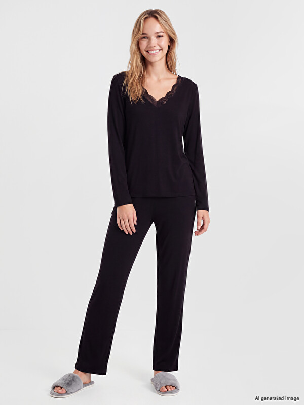 LCW DREAM V Neck Lace Women's Pyjamas Set