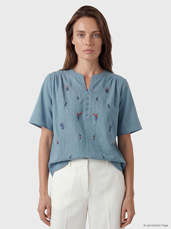 LCW Grace Notch Neck Embroidered 100% Cotton Blouse