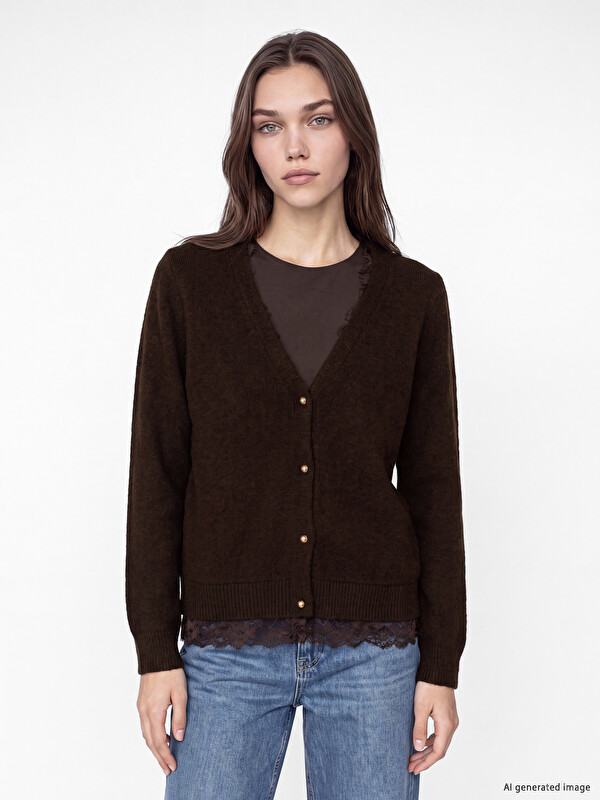 LCW Modest V Neck Lace Detailed Women's Knitwear Cardigan