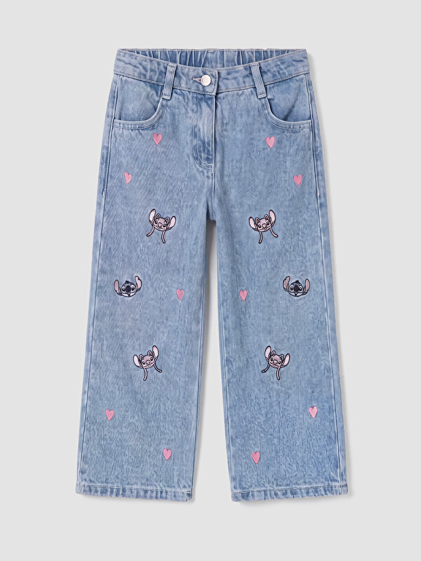 LCW Kids Stitch Nakışlı Wideleg Kız Çocuk Jean Pantolon