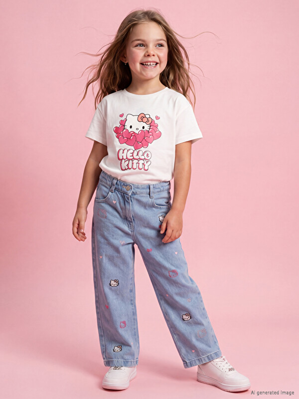 LCW baby Wideleg Hello Kitty Nakışlı Kız Çocuk Jean Pantolon