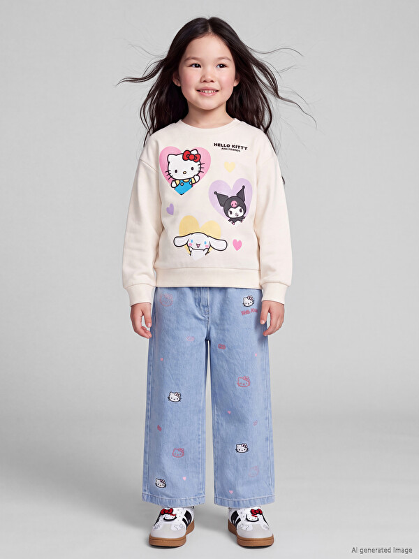 LCW Kids Широкі джинси для дівчат з вишивкою Hello Kitty