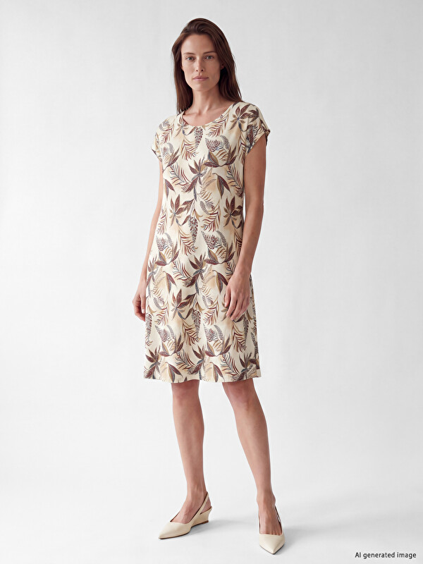 LCW Grace Crew Neck Leaf Patterned Dress