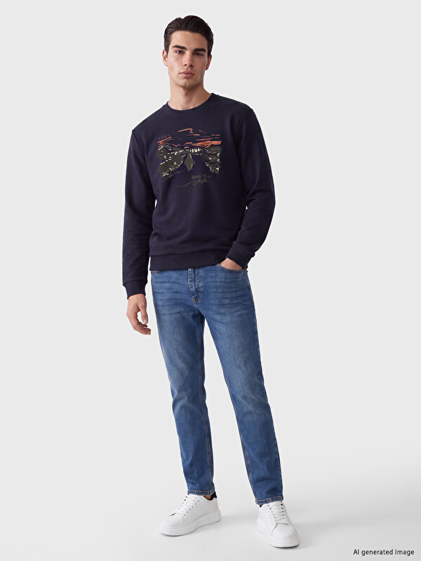 LC WAIKIKI Bisiklet Yaka Baskılı Erkek Sweatshirt