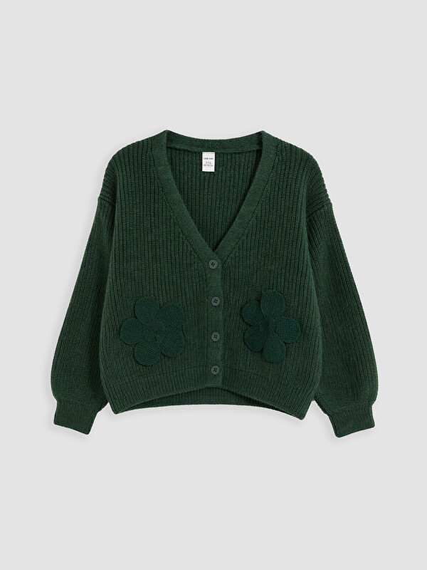 LCW Kids V Neck Flower Embroidered Girls' Knitwear Cardigan