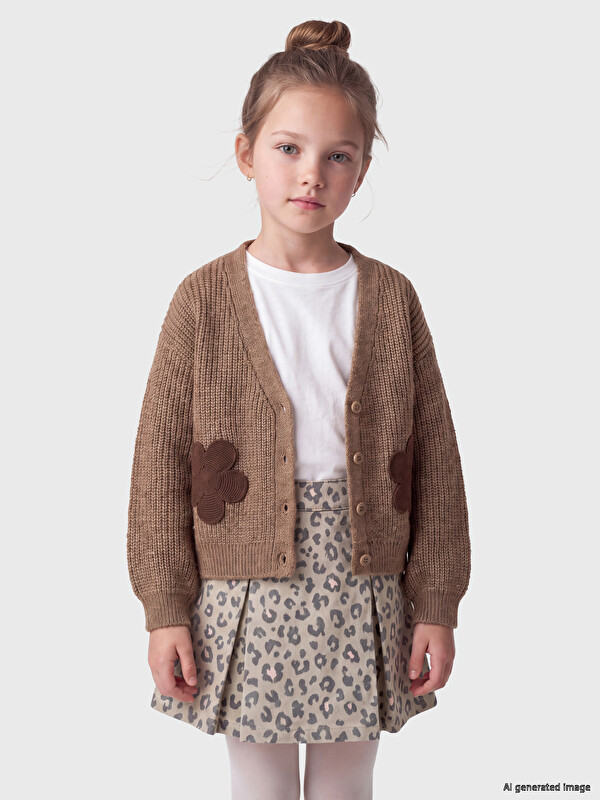 LCW Kids V Neck Flower Embroidered Girls' Knitwear Cardigan