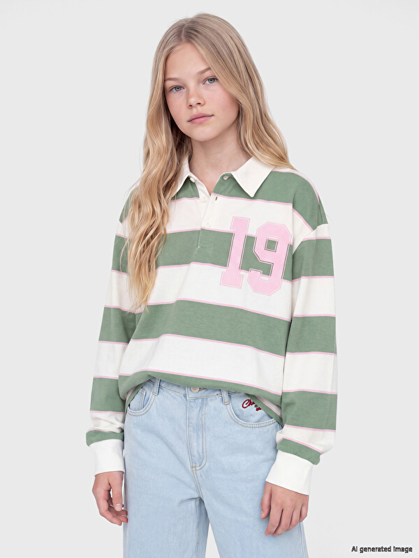 LCW Kids Polo Yaka Çizgili Kız Çocuk Tişört