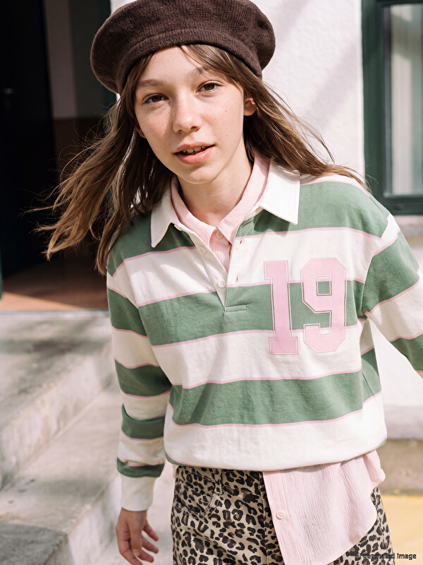 LCW Kids Polo Yaka Çizgili Kız Çocuk Tişört