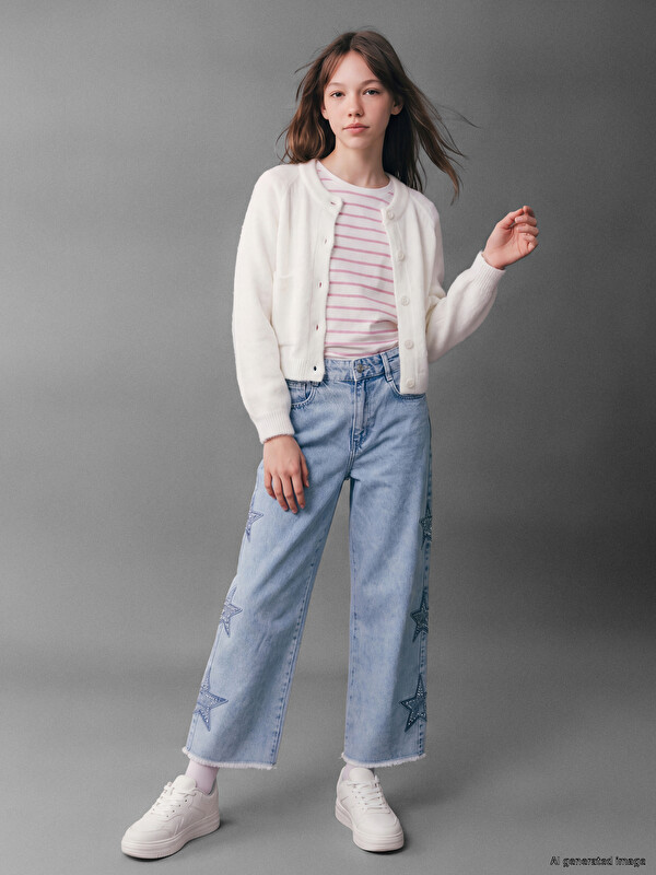 LCW Kids Wideleg Nakışlı Kız Çocuk Jean Pantolon