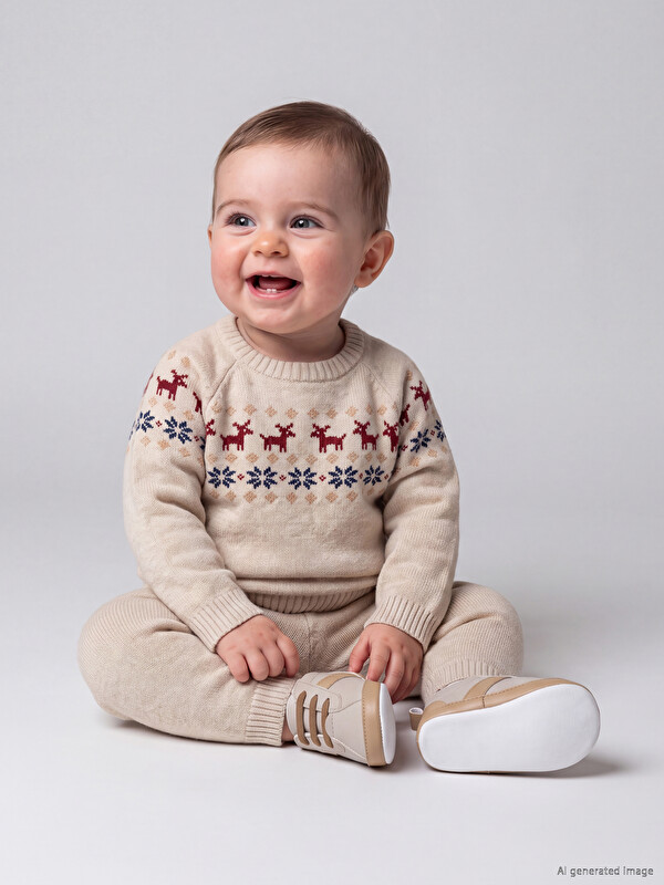 LCW baby Geyik Desenli Erkek Bebek Triko Kazak ve Pantolon