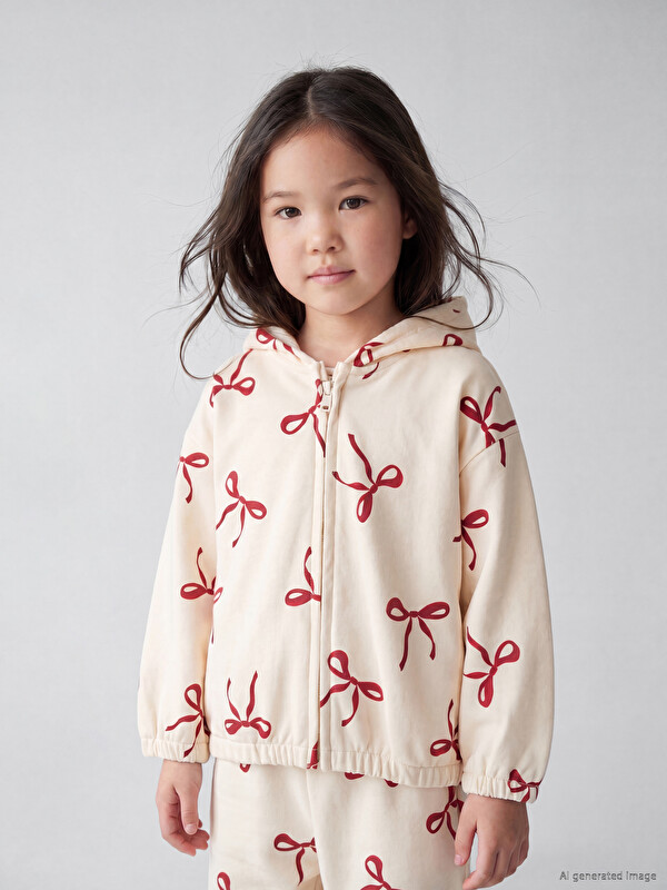 LCW Kids Kapüşonlu Desenli Kız Çocuk Fermuarlı Sweatshirt