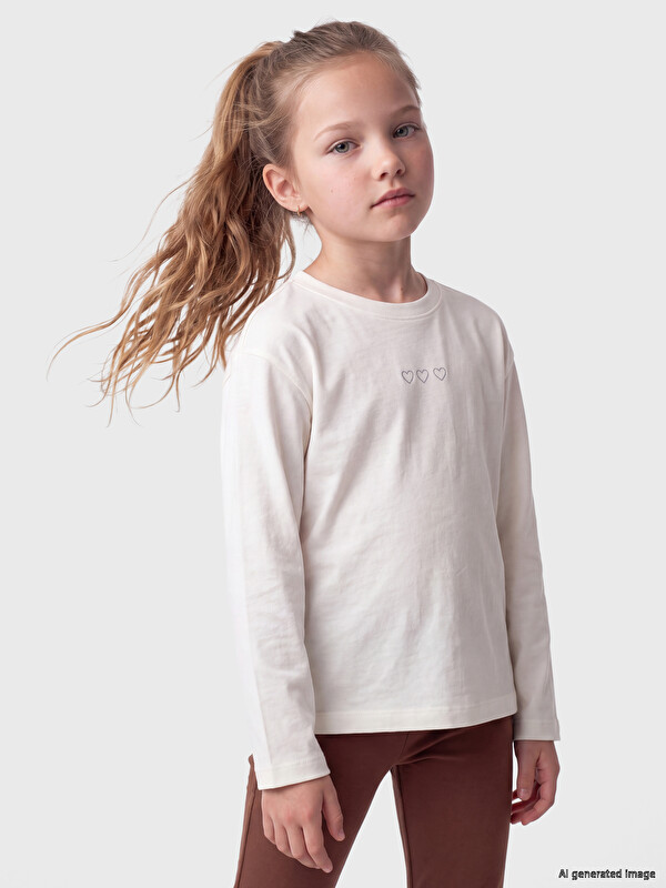 LCW Kids Bisiklet Yaka Nakışlı Kız Çocuk Tişört
