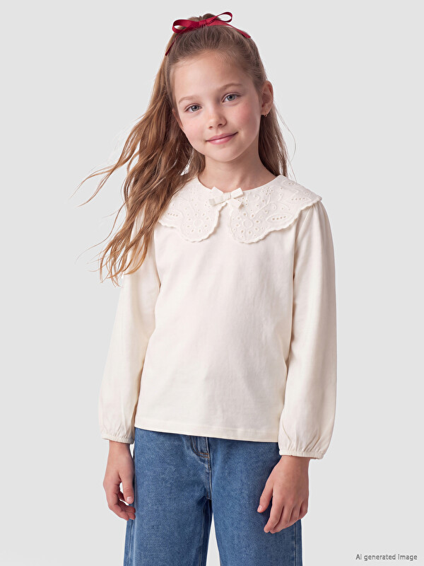 LCW Kids Bebe Yaka Nakışlı Uzun Kollu Kız Çocuk Tişört