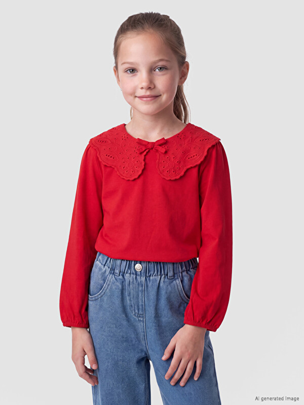 LCW Kids Bebe Yaka Nakışlı Kız Çocuk Tişört