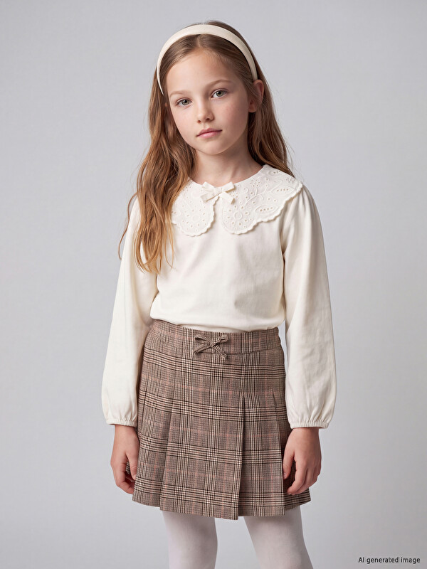 LCW Kids Peter Pan Collar Embroidered Long Sleeve Girls' T-Shirt