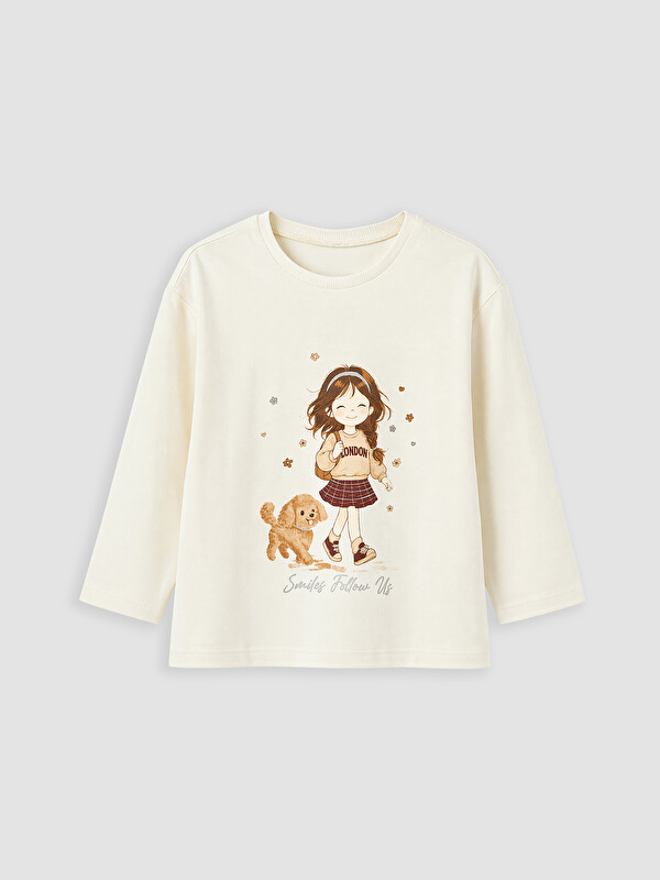 LCW Kids Bisiklet Yaka Baskılı Kız Çocuk Tişört
