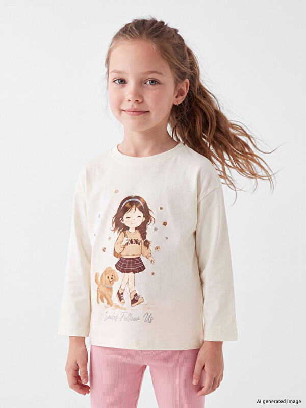 LCW Kids Bisiklet Yaka Baskılı Kız Çocuk Tişört