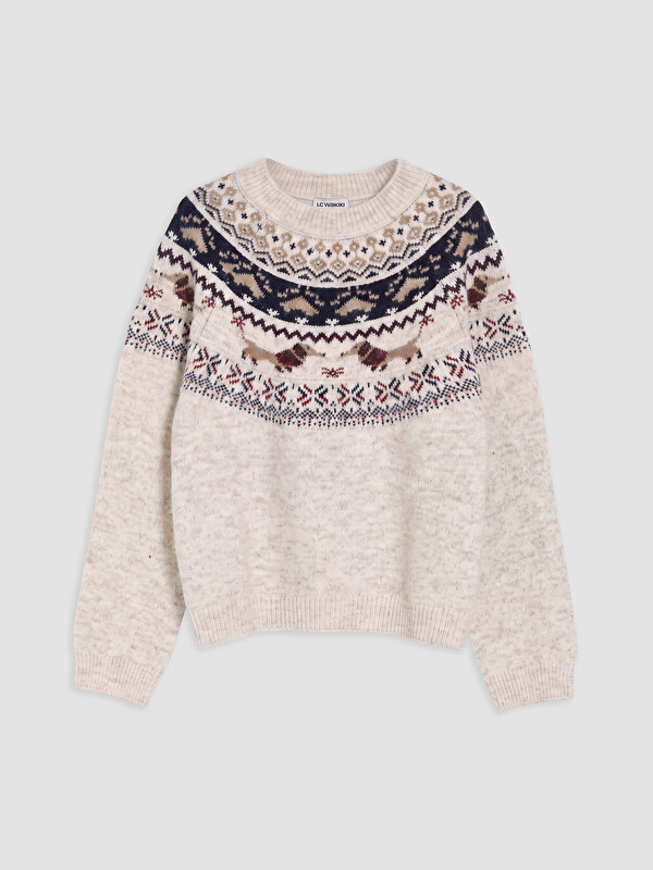 LCW Kids Crew Neck Girls' Printed Knitwear Sweater