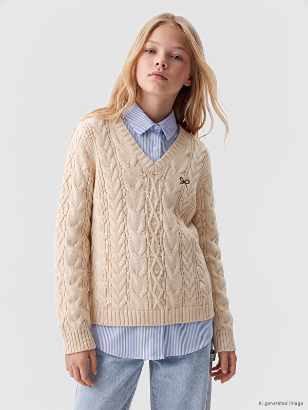 LCW Kids Collared Neck Embroidered Girls' Knitwear Sweater