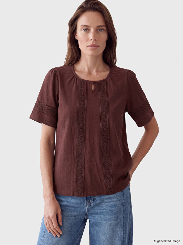 LCW Grace Crew Neck Embroidered Gathered Blouse