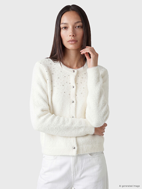 LCWAIKIKI Classic Stone Embellished Furry Women's Cardigan