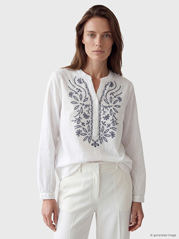 LCW Grace Notch Neck 100% Cotton Patterned Blouse
