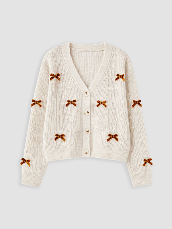 LCW Kids Bow Detailed V Neck Girls' Knitwear Cardigan
