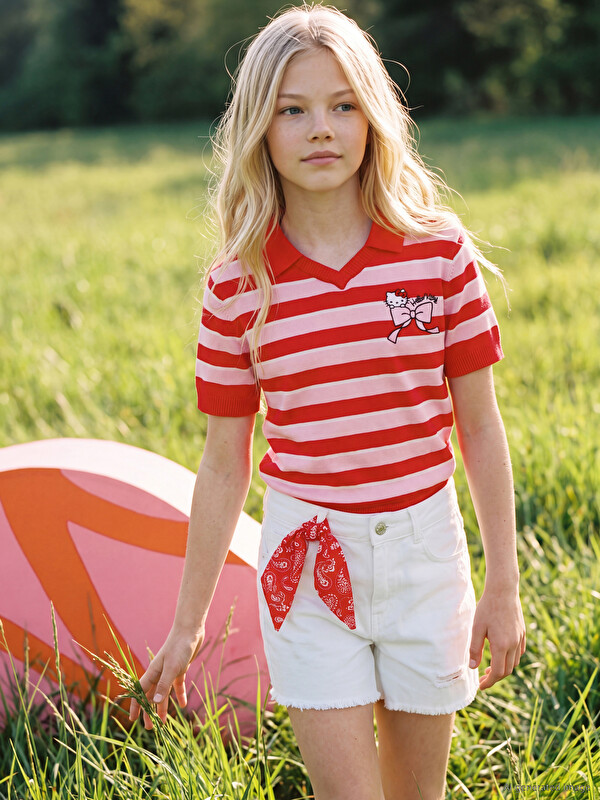 LCW Kids Hello Kitty embroidered polo collar girls' knitwear sweater