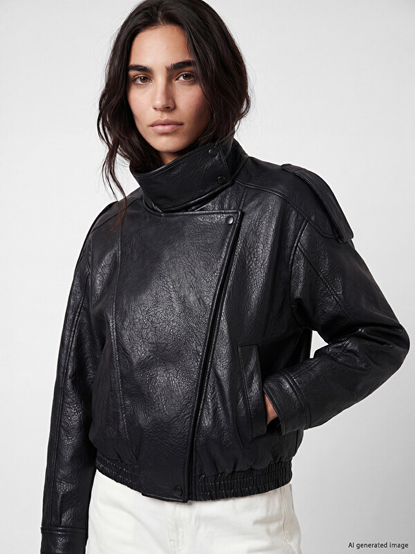LCW Vision Frau Schwarz Kunstlederjacke