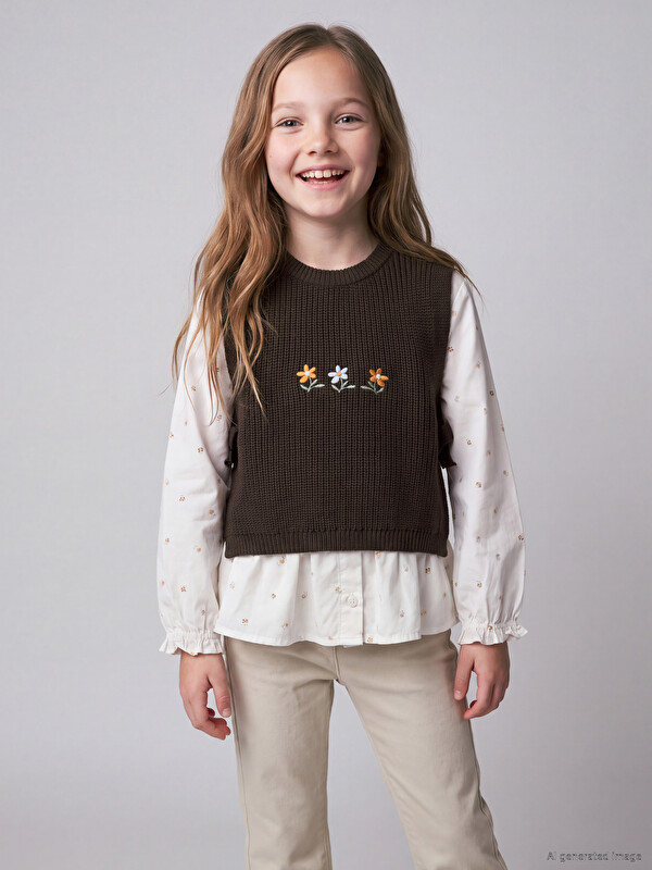 LCW Kids Girls' Embroidered Knitwear Sweater Vest and Shirt Set