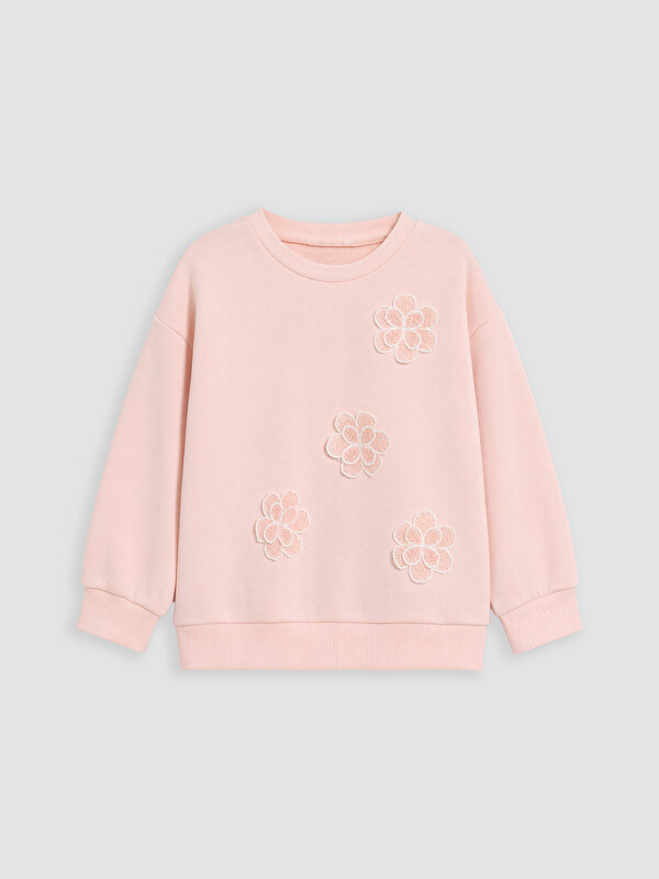 LCW Kids Bisiklet Yaka Nakışlı Kız Çocuk Sweatshirt