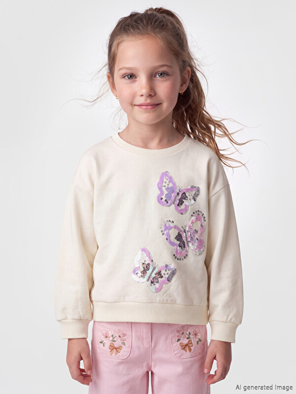 LCW Kids Crew Neck Sequined Girls' Sweatshirt