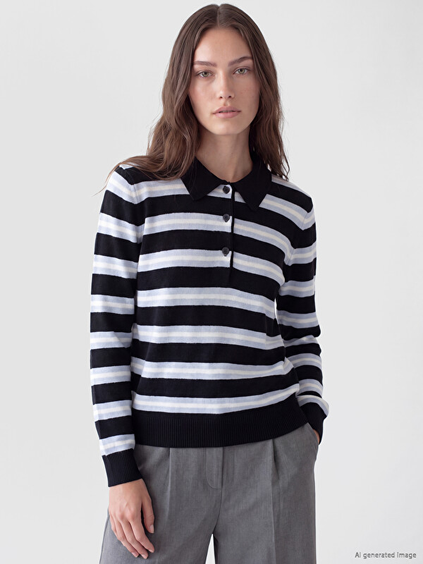 LCW Modest Polo Collar Striped Women's Knitwear Sweater