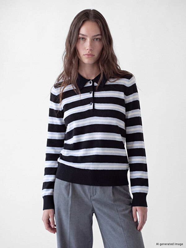 LCW Modest Polo Collar Striped Women's Knitwear Sweater