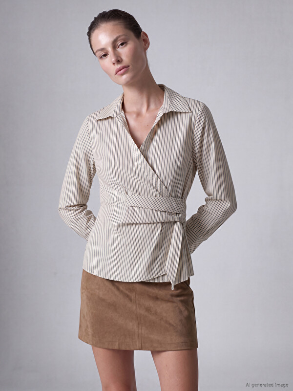 LCW STUDIO Double Breasted Collar Tied Striped Women's Shirt