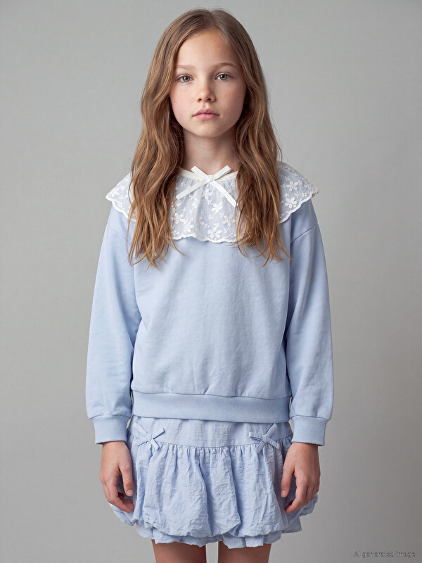 LCW Kids Bisiklet Yaka Dantel Detaylı Kız Çocuk Sweatshirt