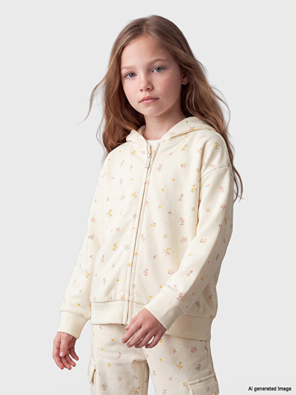 LCW Kids Hooded Floral Girls' Zippered Sweatshirt