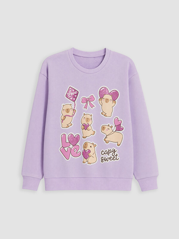 LCW Kids Bisiklet Yaka Baskılı Kız Çocuk Sweatshirt