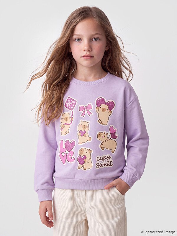 LCW Kids Crew Neck Printed Girls' Sweatshirt
