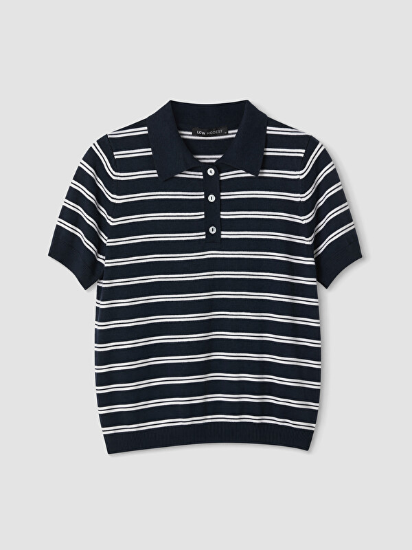 LCW Modest Polo Yaka Çizgili Kadın Triko Kazak