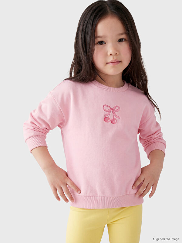 LCW Kids Bisiklet Yaka Baskılı Kız Çocuk Sweatshirt