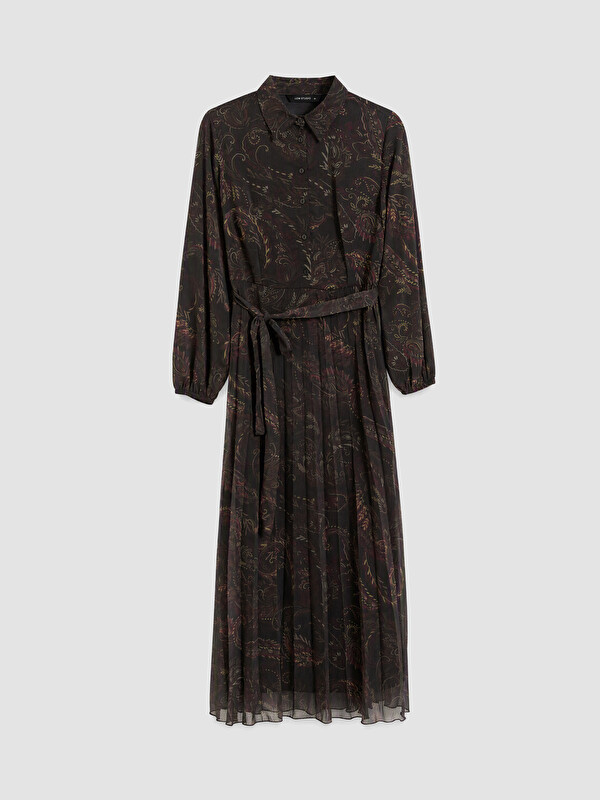 LCW STUDIO Shirt Collar Waist Sashed Patterned Chiffon Dress