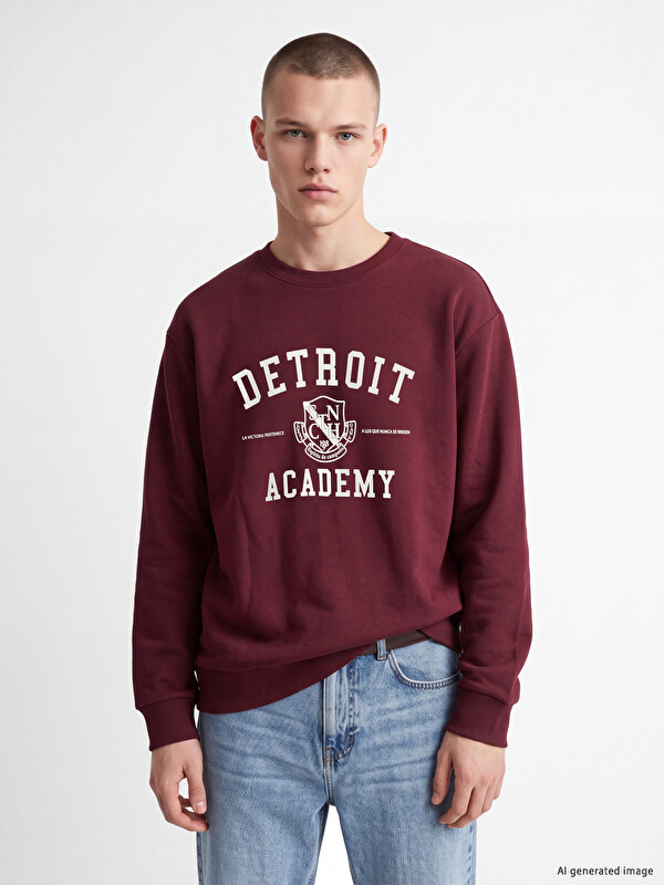 XSIDE Bisiklet Yaka Detroit Baskılı Erkek Kalın Sweatshirt