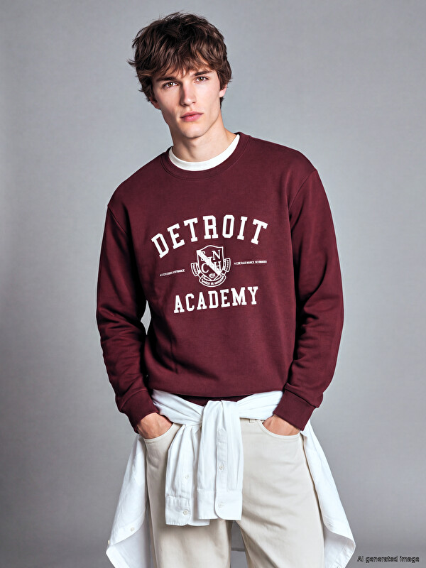 XSIDE Bisiklet Yaka Detroit Baskılı Erkek Kalın Sweatshirt