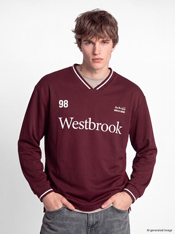 XSIDE V Yaka Baskılı Erkek Sweatshirt